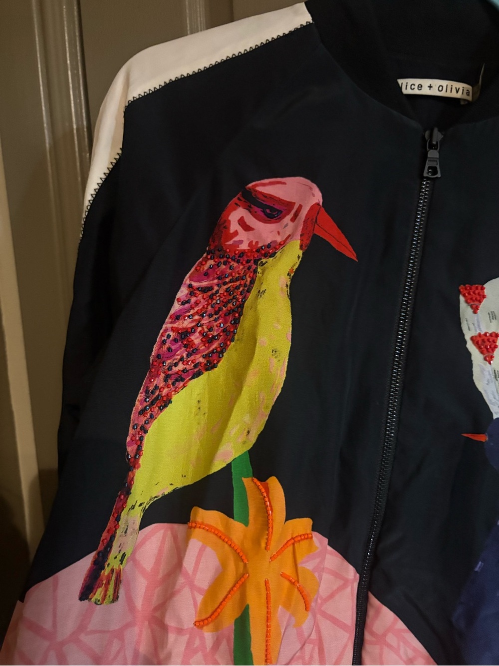 Alice + Olivia Black Bomber Jacket with Multicolor Bird Embroidery - Picture 6 of 6